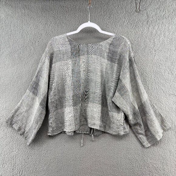 Esby Kiko Tie Back Top Black White Broken Plaid 100% Linen Boho Boxy Blouse Medi - Picture 5 of 15